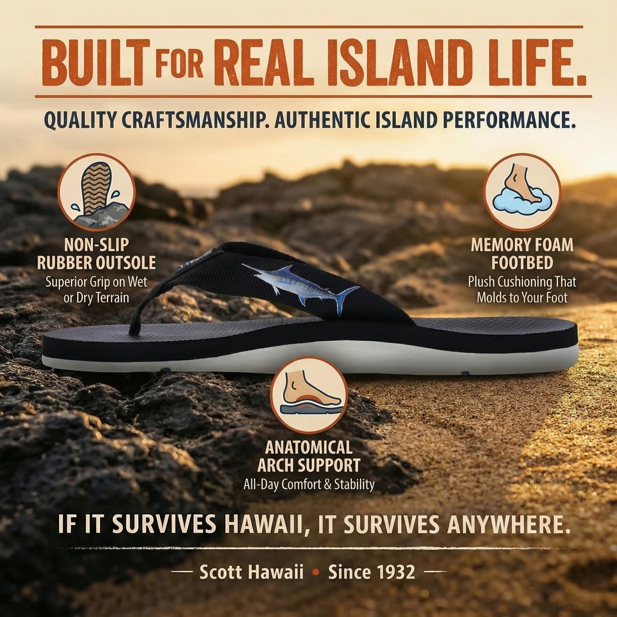 Scott Hawaii Marine Flip Flop | Marlin Fish Design | Tubular Nylon Strap | Non-Marking Outsole | No-Slip Boat Sandal | Arch Support