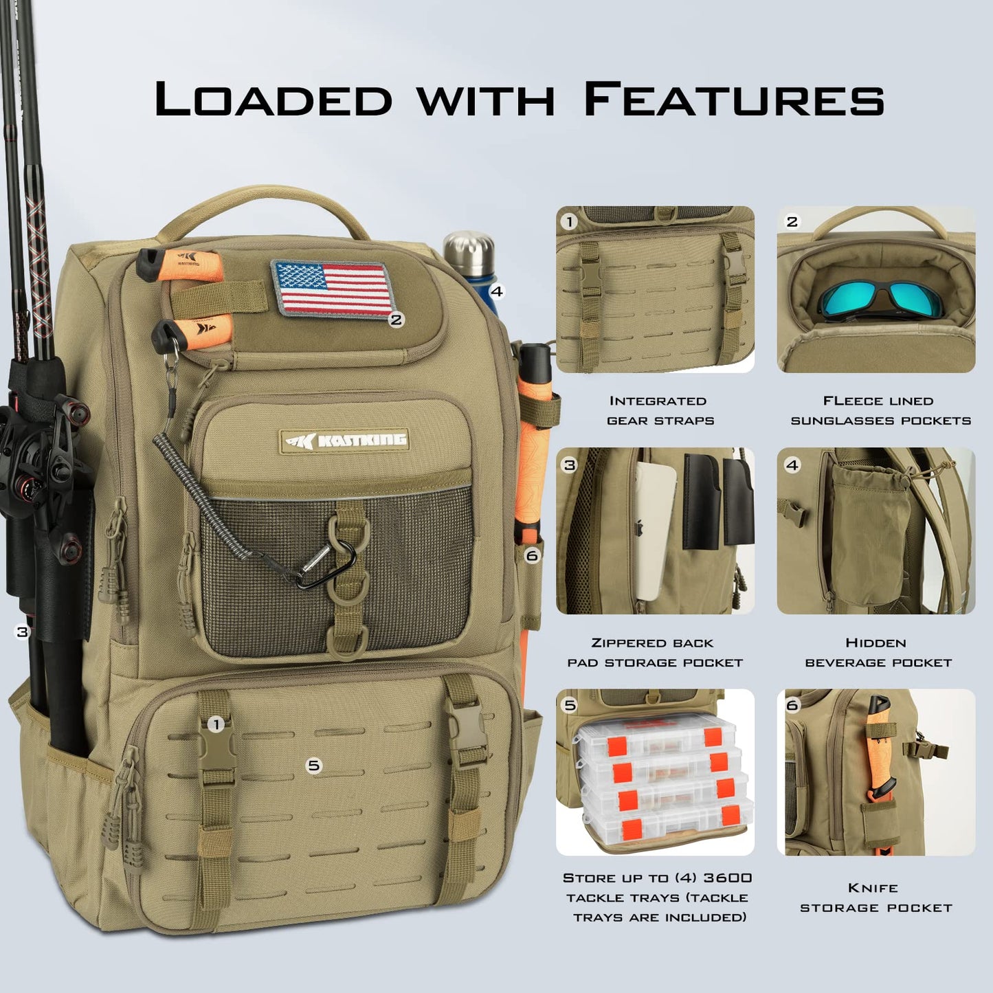 KastKing Mochila de Aparejos de Pesca KarryAll (40/26L / Khaki)