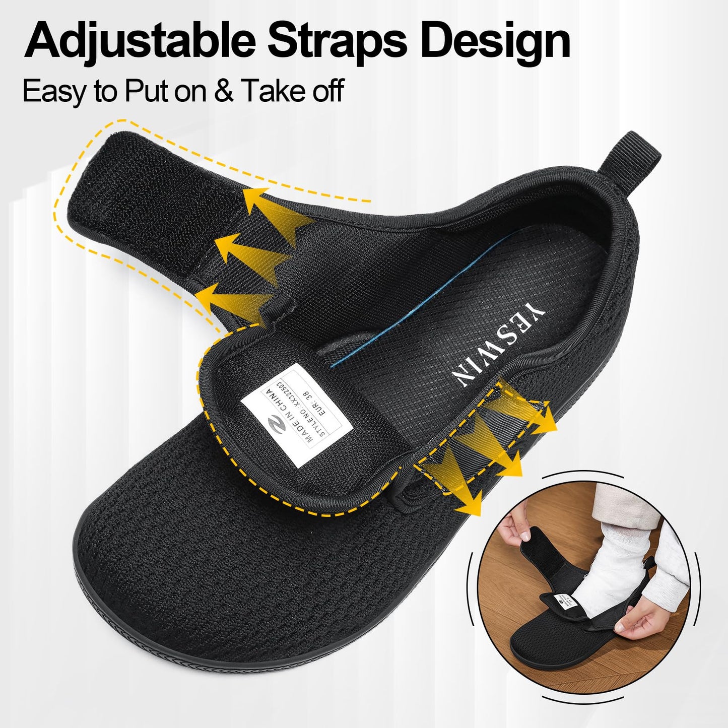 YESWIN Zapatos para Caminar para Diabéticos para Mujer (Negro)
