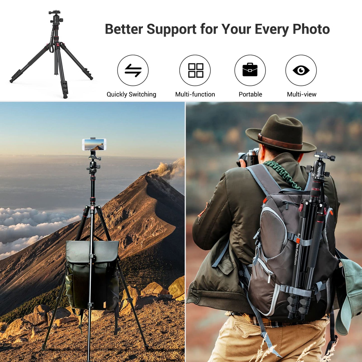 SmallRig Camera Tripod, 71" Foldable Aluminum Tripod/Monopod, 360°Ball Head Detachable, Payload 33lb, Adjustable Height from 16" to 71" for Camera, Phone