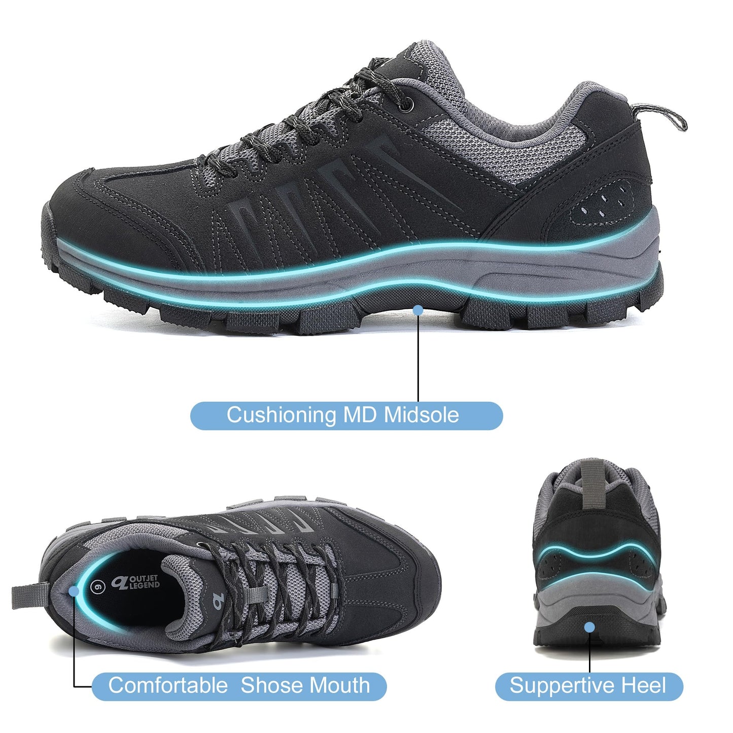 OL OUTJET LEGEND Men's Waterproof Hiking Shoes Leather Comfortable Lightweight Anti Slip Low Tops Outdoor Walking Work Shoes Black