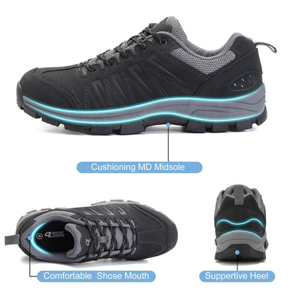 OL OUTJET LEGEND Men's Waterproof Hiking Shoes Leather Comfortable Lightweight Anti Slip Low Tops Outdoor Walking Work Shoes Black
