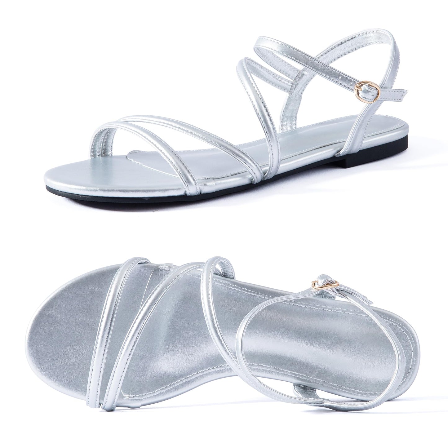 Mtzyoa Women Flat Sandals Ankle Strappy Gladiator Dressy Summer Silver