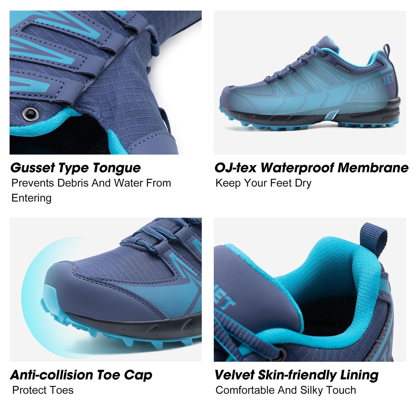 OUTJET Women's Waterproof Hiking Shoes Lightweight Non-Slip Trails Walking Shoes Outdoor Sneakers Blue