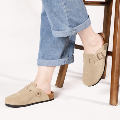 Brelzo Calvior Women's Suede Clogs Men's Slip-On Mules Non-Slip Potato Shoes Arch Support Sandals with Adjustable Buckle for Indoor & Outdoor Use Tan