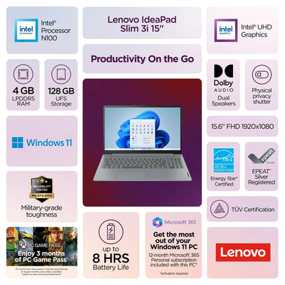 Lenovo IdeaPad Slim 3i • 15.6" FHD Laptop with Microsoft 365 Included • Intel N100 • 4GB DDR5RAM • 128GB SSD • Windows 11