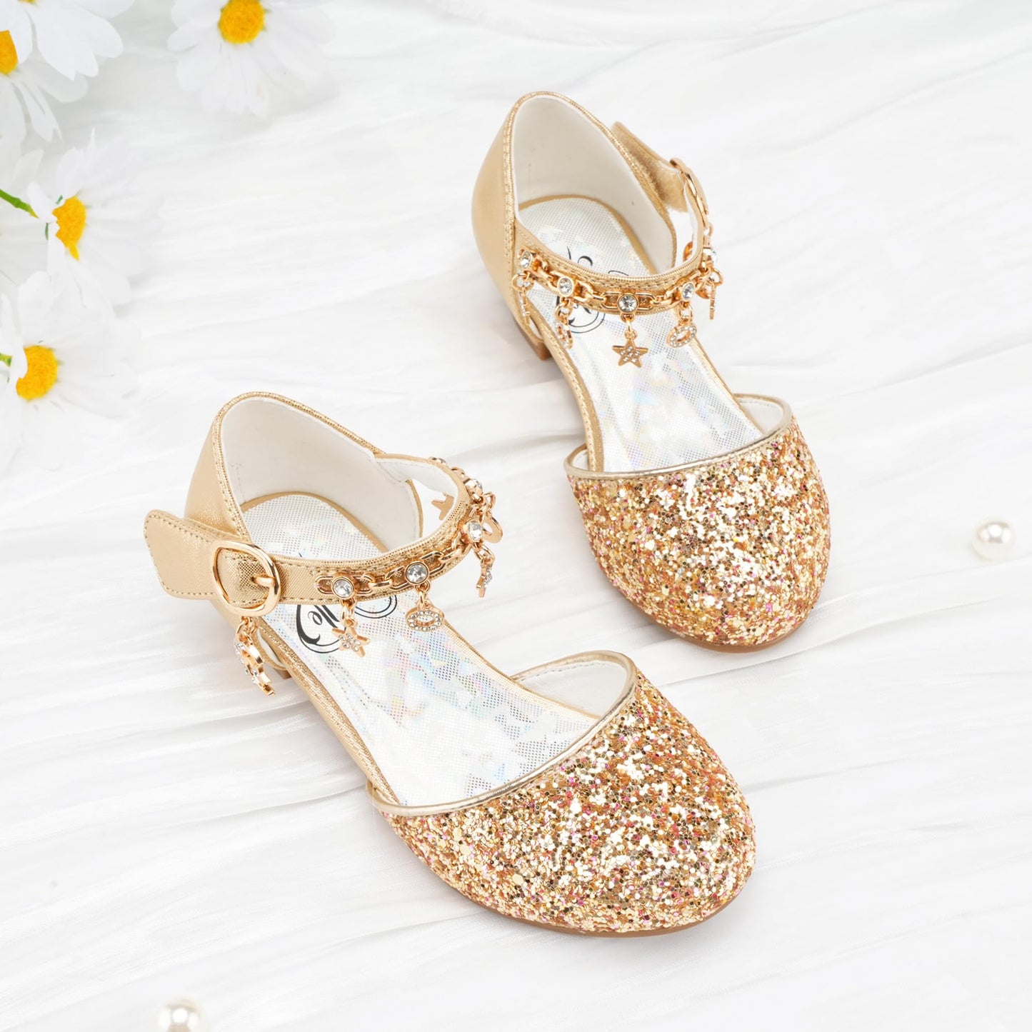 Stelle Sandalias de Tacón Alto con Lentejuelas para Niñas (Talla 2ML / T20-Gold2)