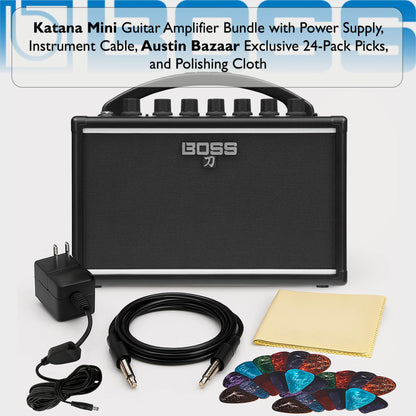 Boss Katana Mini Guitar Combo Amplifier Bundle with Gearlux Power Supply, Instrument Cable, Austin Bazaar Exclusive 24-Pack Picks, and Polishing Cloth