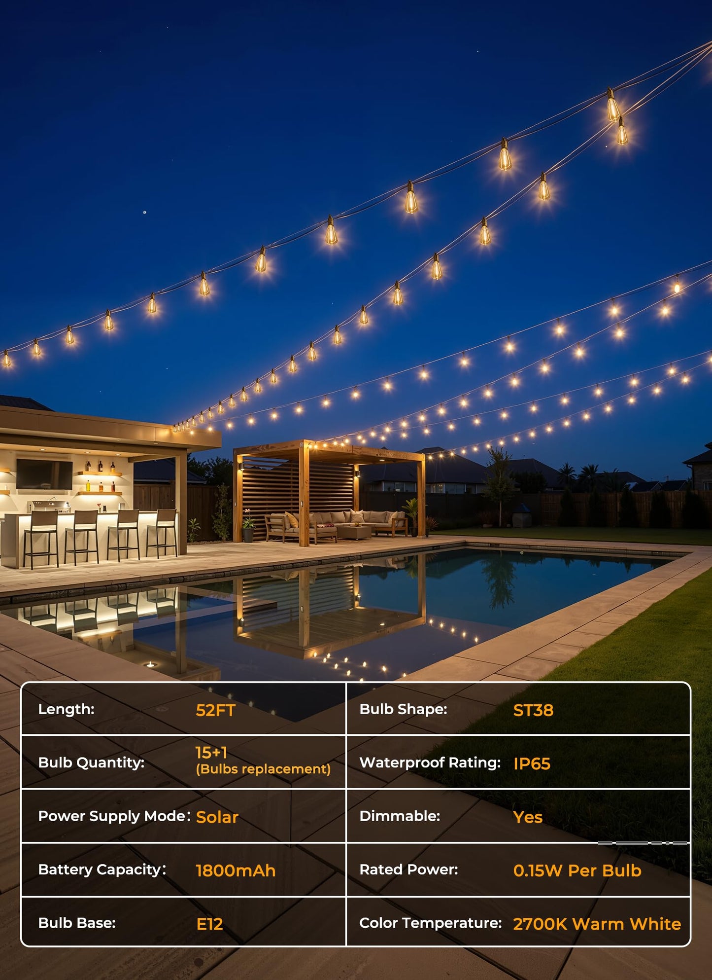 Brightown Guirnalda de Luces Solares 52FT (Exterior Impermeable / 15+1 LED)