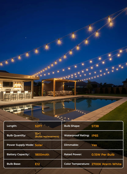 Brightown Guirnalda de Luces Solares 52FT (Exterior Impermeable / 15+1 LED)