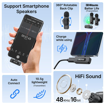BOYA BY-V20 Wireless Microphones for iPhone 17/16/15 & Android/Laptop with USB-C Port, 328ft Range, 9H Battery Life, Noise Reduction Mini Mic Clip on Lapel Microphone Wireless for Video Recroding