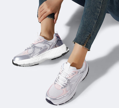 LUCKY STEP Women's Platform Chunky Fashion Sneakers Mesh Casual Running Tennis Workout Sport Work Trendy Athletic Walking Shoes (White/Silver, 8.5 US)