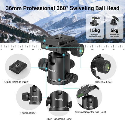 SmallRig Camera Tripod, 71" Foldable Aluminum Tripod/Monopod, 360°Ball Head Detachable, Payload 33lb, Adjustable Height from 16" to 71" for Camera, Phone