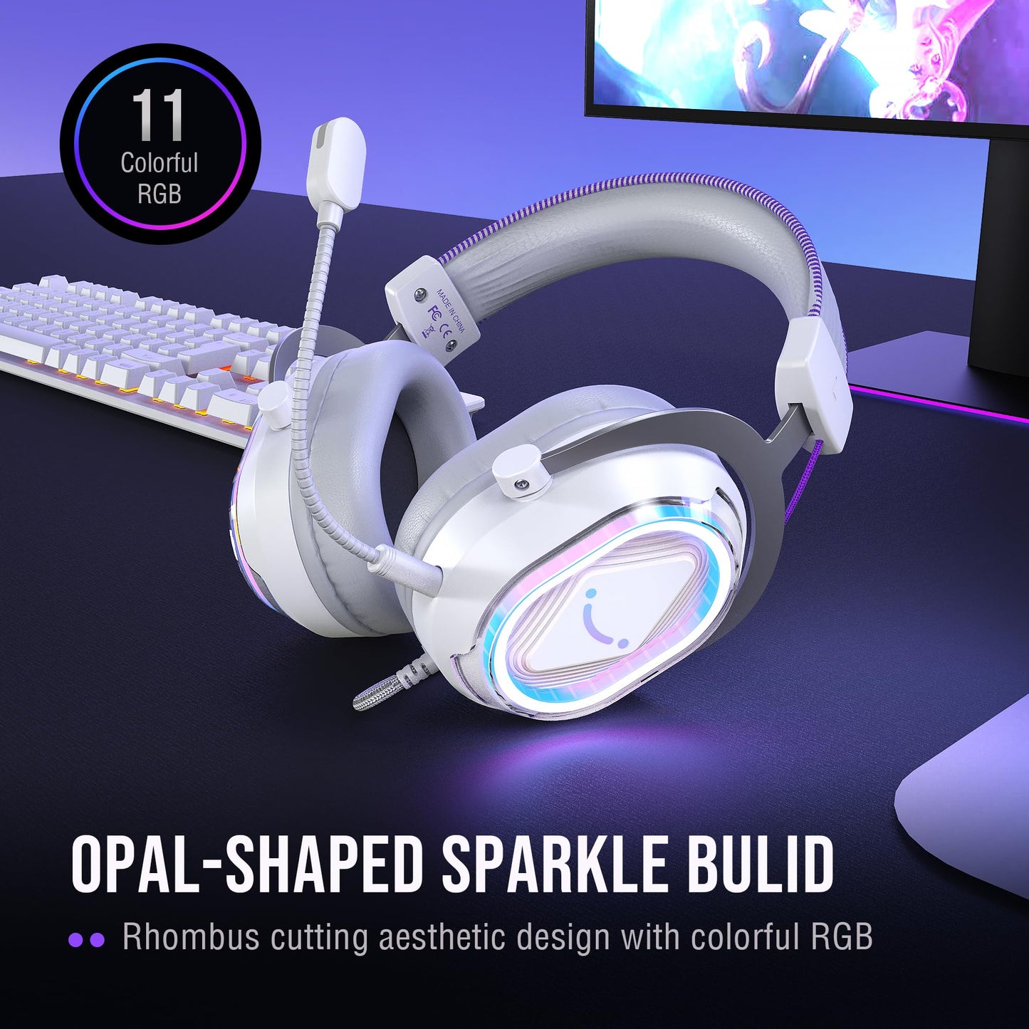 FIFINE USB Gaming Headset: Flowing RGB Lighting - 7.1 Surround Sound - Detachable Mic - Soft Ear Pads, Over-Ear Headset with Control Box, for PC, Laptop, Mac, PS5/PS4 - AmpliGame H13WP (White&Purple)