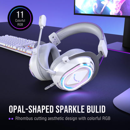 FIFINE USB Gaming Headset: Flowing RGB Lighting - 7.1 Surround Sound - Detachable Mic - Soft Ear Pads, Over-Ear Headset with Control Box, for PC, Laptop, Mac, PS5/PS4 - AmpliGame H13WP (White&Purple)