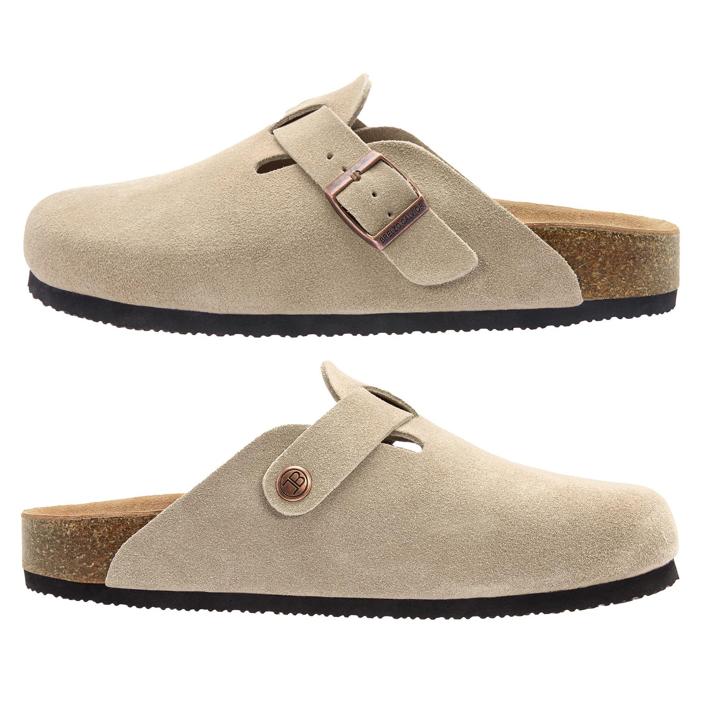 Brelzo Calvior Women's Suede Clogs Men's Slip-On Mules Non-Slip Potato Shoes Arch Support Sandals with Adjustable Buckle for Indoor & Outdoor Use Tan