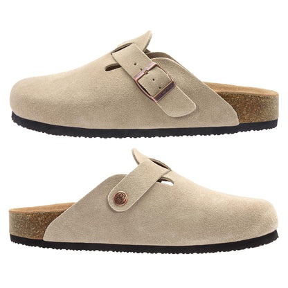 Brelzo Calvior Women's Suede Clogs Men's Slip-On Mules Non-Slip Potato Shoes Arch Support Sandals with Adjustable Buckle for Indoor & Outdoor Use Tan