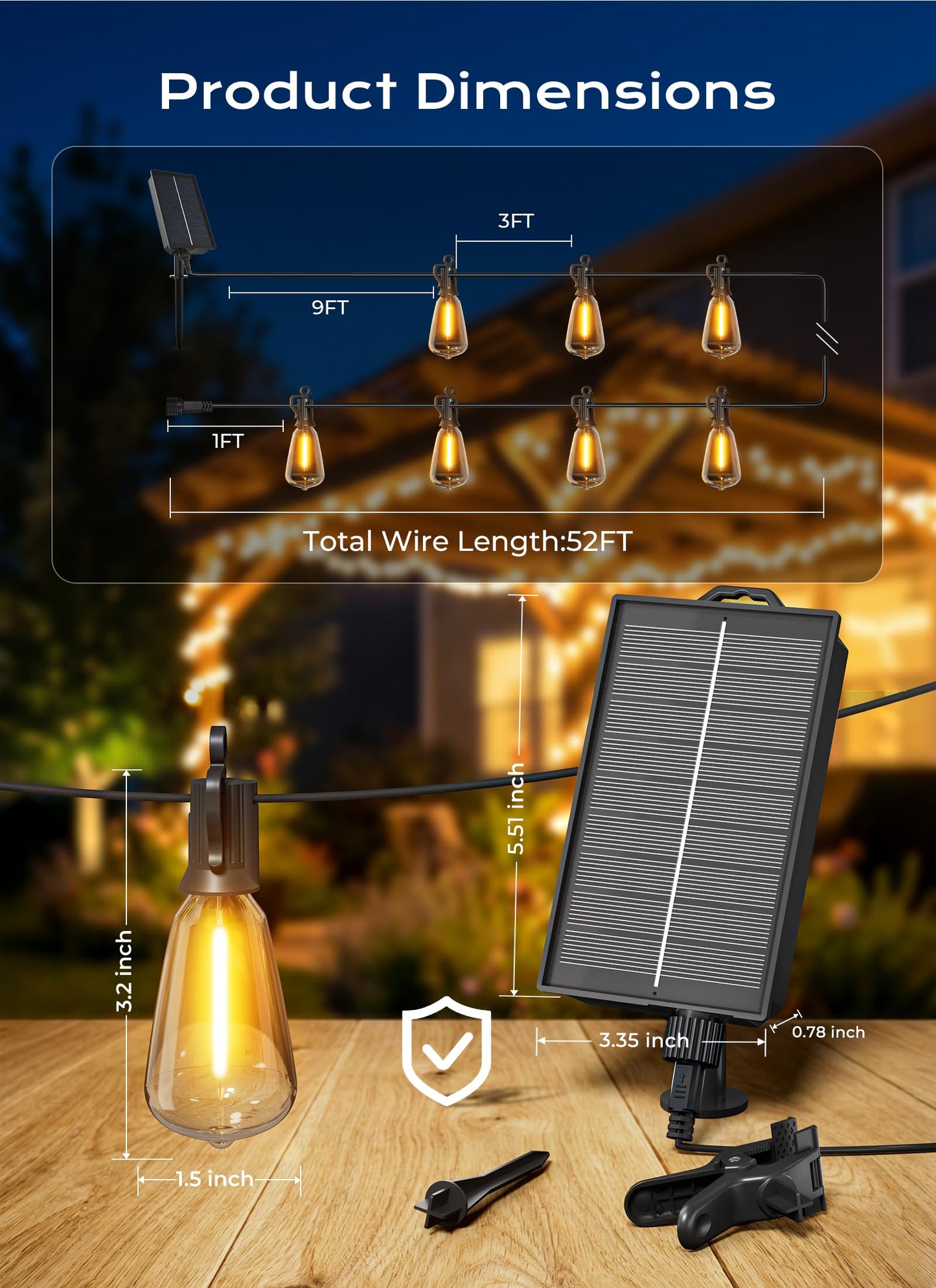 Brightown Guirnalda de Luces Solares 52FT (Exterior Impermeable / 15+1 LED)