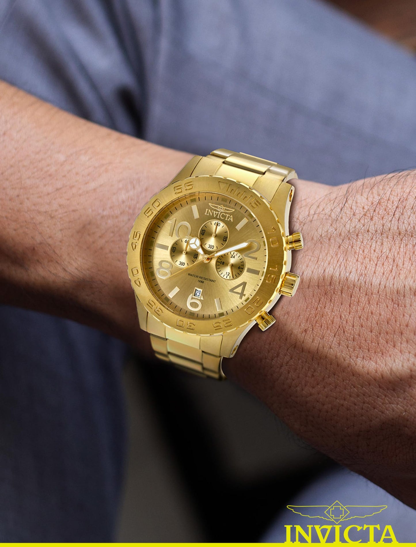 Invicta Men's 1270 Specialty Chronograph Gold Dial 18k Gold Ion-Plated Stainless Steel Watch