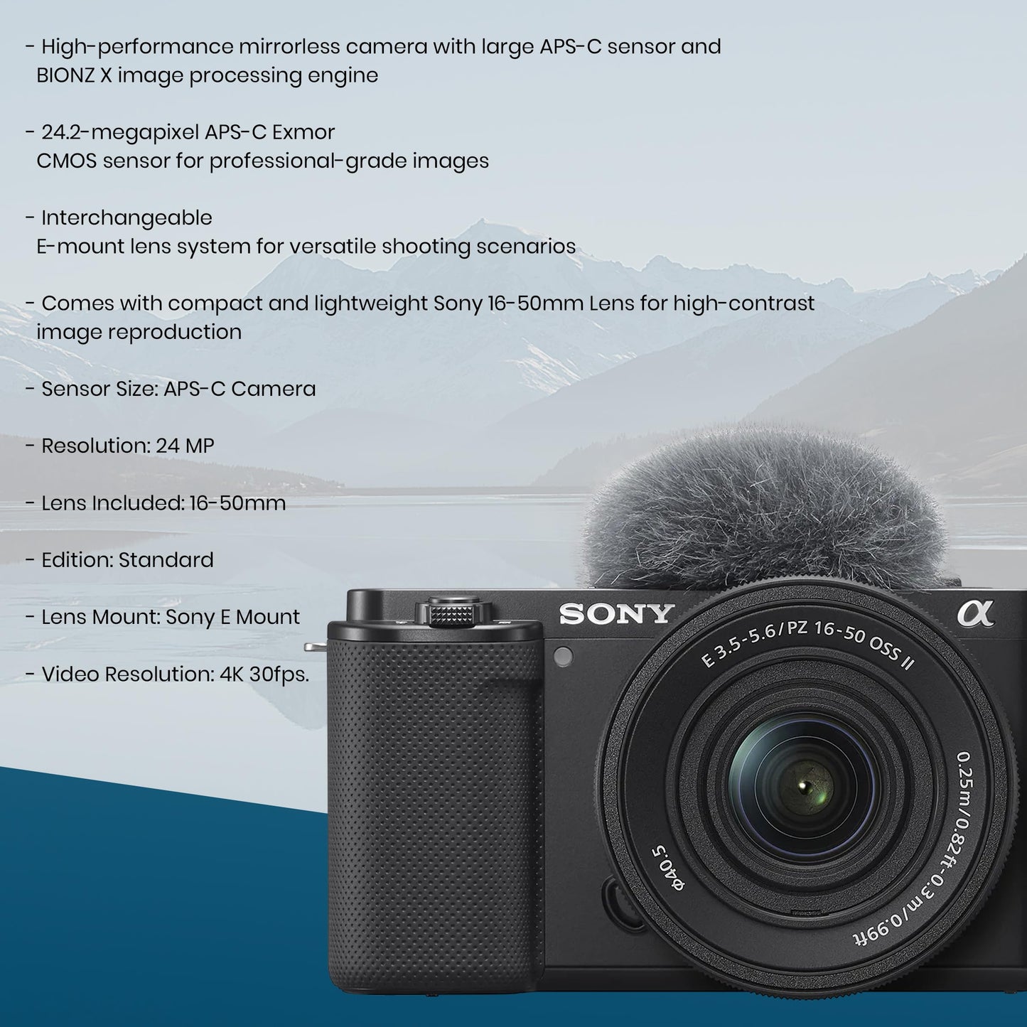 Sony ZV-E10 APS-C Mirrorless Camera with E PZ 16-50mm Lens, Vlogging Camera Bundle, 64GB SD Card, Shoulder Bag, UV/CPL/ND Filter Kit, Sony 1-Year Warranty, Black