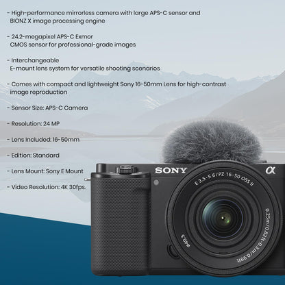 Sony ZV-E10 APS-C Mirrorless Camera with E PZ 16-50mm Lens, Vlogging Camera Bundle, 64GB SD Card, Shoulder Bag, UV/CPL/ND Filter Kit, Sony 1-Year Warranty, Black