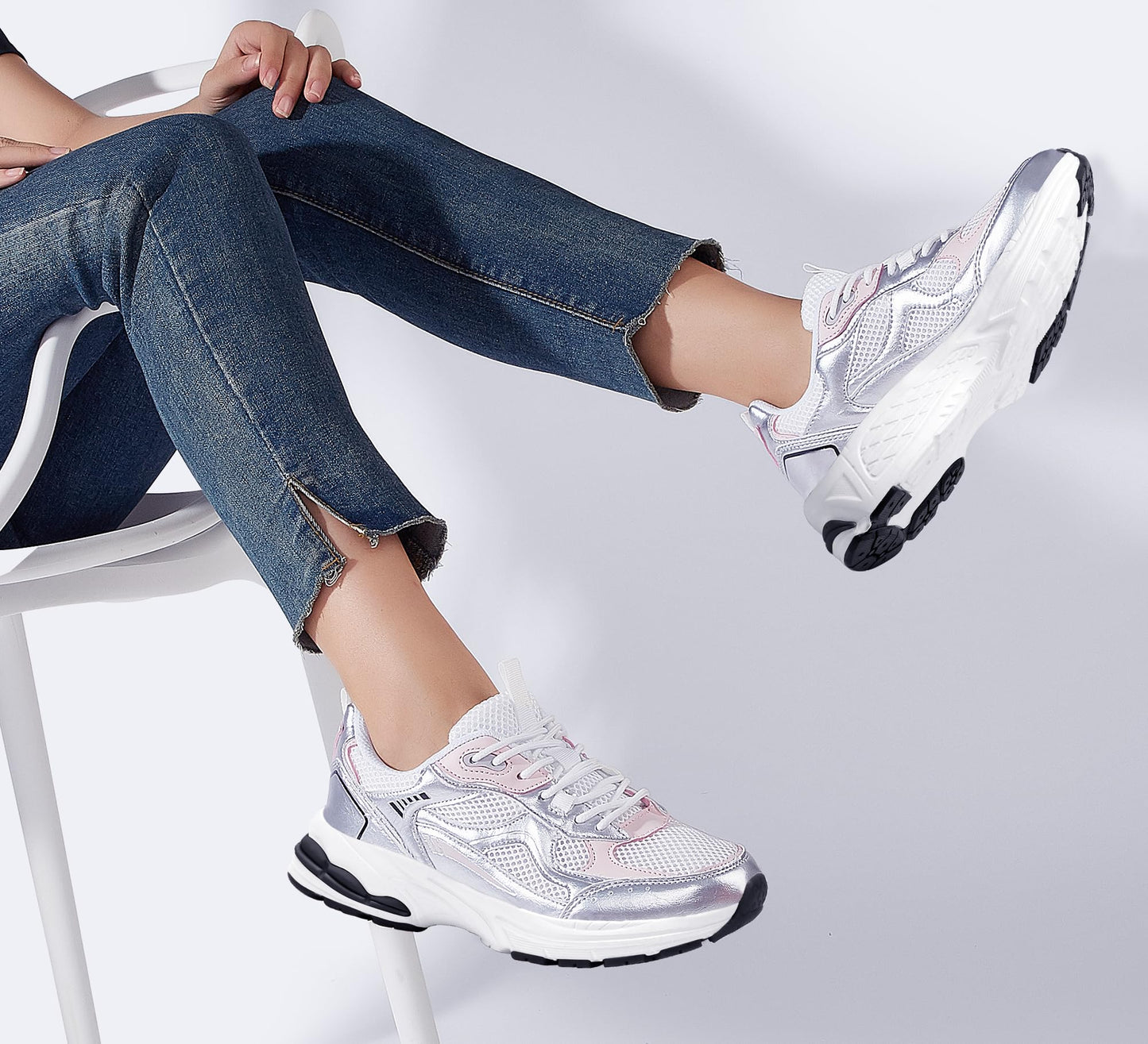 LUCKY STEP Women's Platform Chunky Fashion Sneakers Mesh Casual Running Tennis Workout Sport Work Trendy Athletic Walking Shoes (White/Silver, 8.5 US)