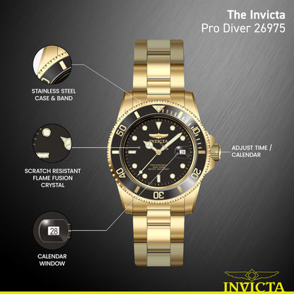 Invicta Men's Pro Diver Quartz Watch with Stainless Steel Strap, Gold, 20 (Model: 26975)
