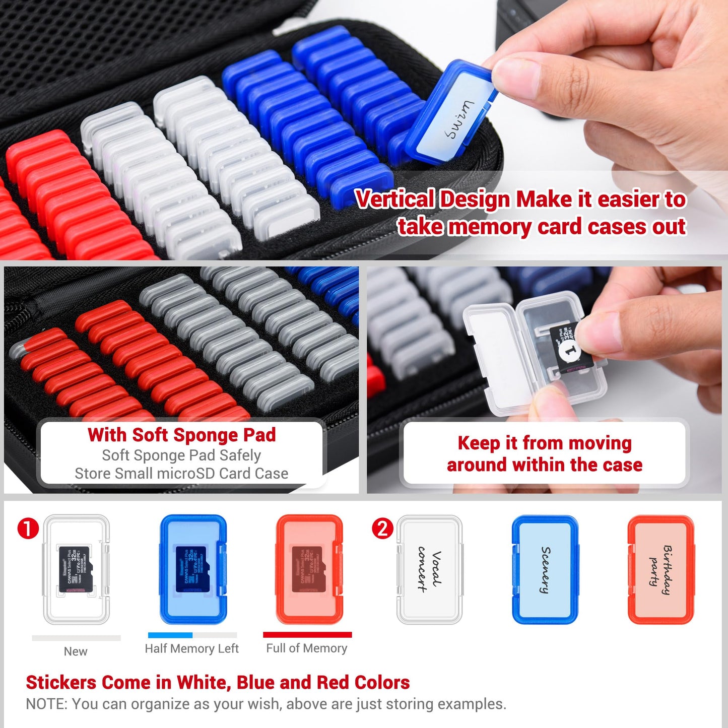 EVA PU Micro SD Card Case with 60 Individual Plastic TF Card Holders - Water-Resistant, Anti-Shock Carrying Organizer with Handle & Label
