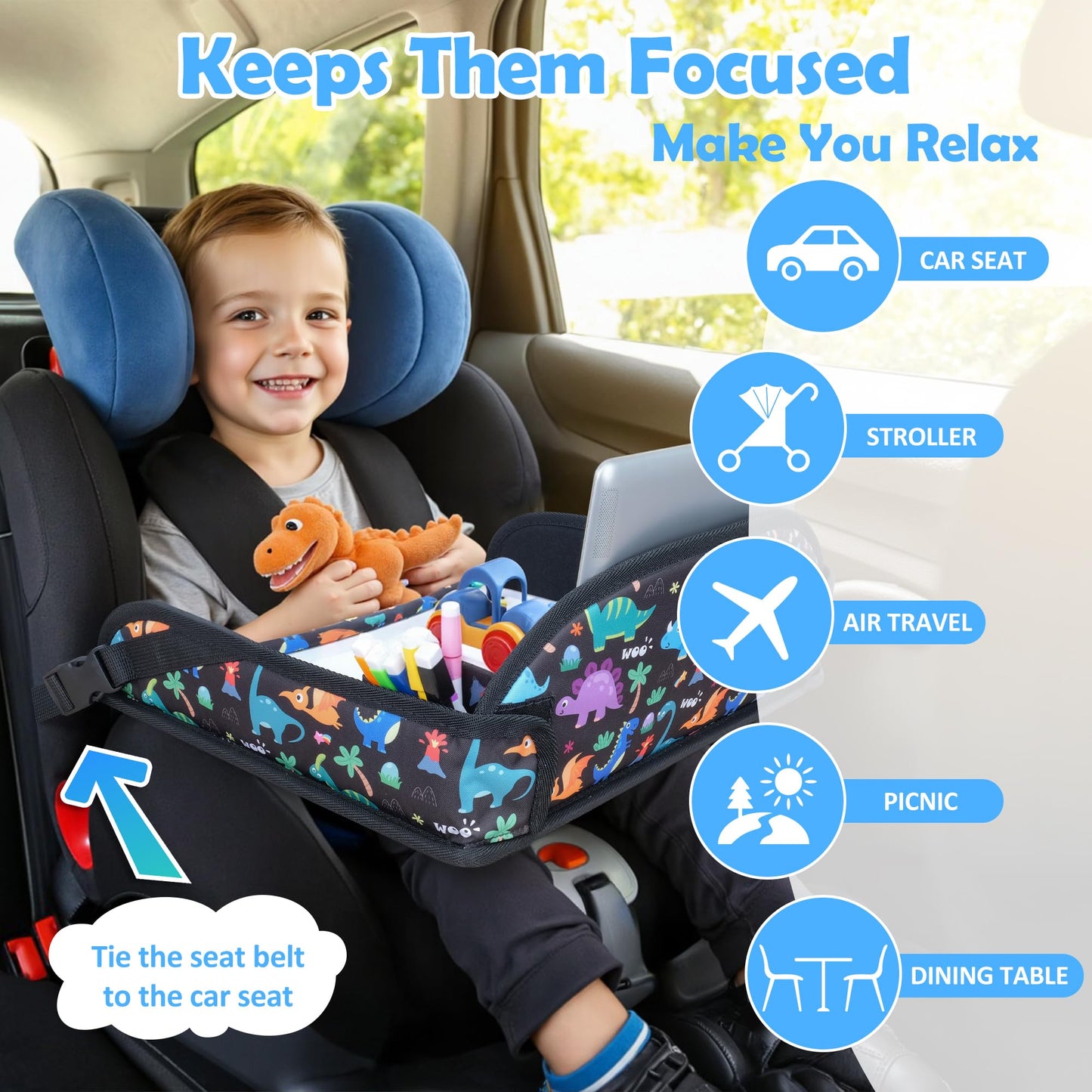 AZAMIA Bandeja de Viaje para Niños y Asiento de Coche (Diseño de Dinosaurio)