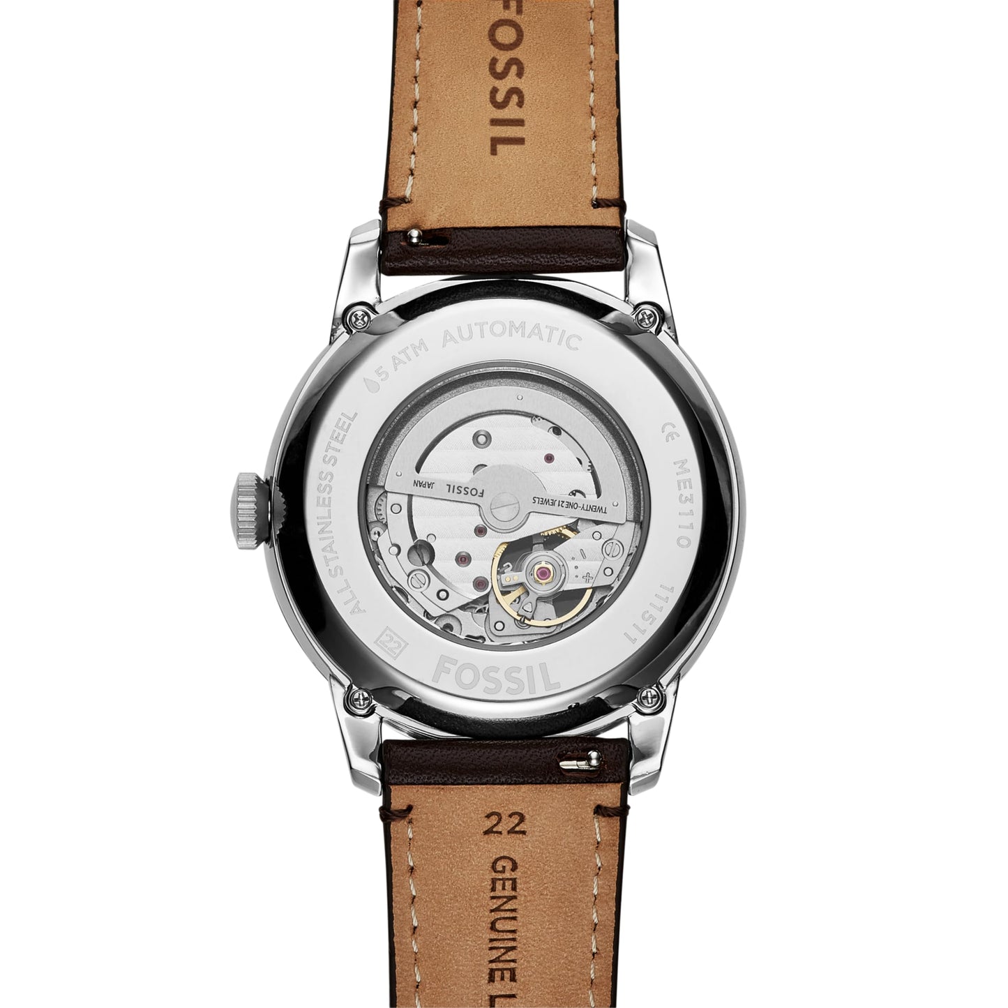 Fossil Men's Watch, Townsman Automatic Stainless Steel and Leather Two-Hand Skeleton Watch for Men, Color: Silver, Brown