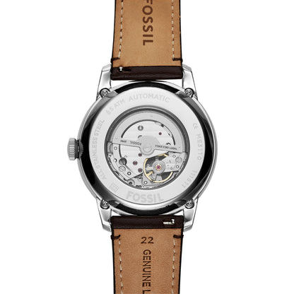 Fossil Men's Watch, Townsman Automatic Stainless Steel and Leather Two-Hand Skeleton Watch for Men, Color: Silver, Brown