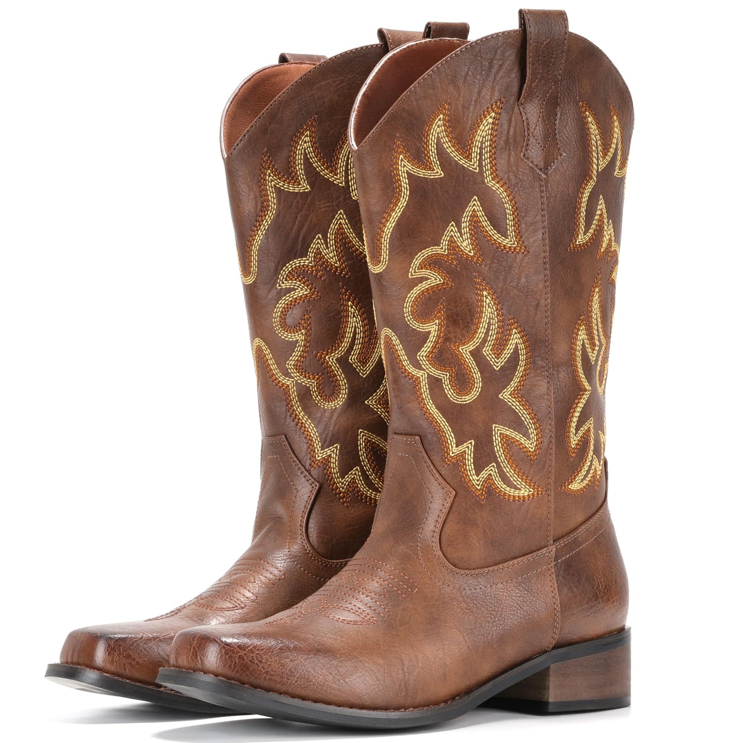 IUV Cowboy Boots For Women Square Toe Black Wide Cowgirl Mid Calf Western Pull On Fashion Brown Cowboy Boots