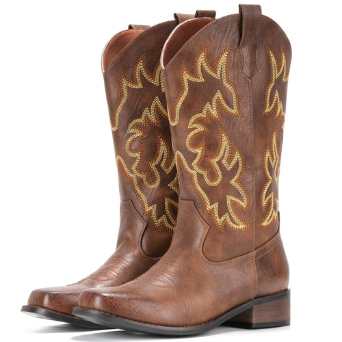 IUV Cowboy Boots For Women Square Toe Black Wide Cowgirl Mid Calf Western Pull On Fashion Brown Cowboy Boots