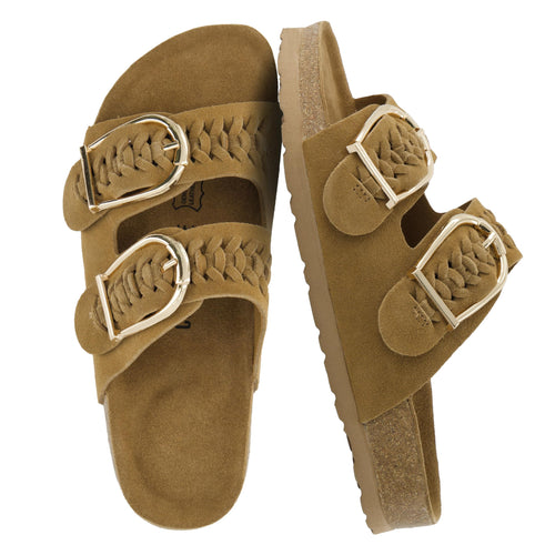 CUSHIONAIRE Cashew Slip On Womens Sandals, Genuine Suede Leather Braided Double Strap Slide On Sandals with Adjustable Big Buckle for Women 2026, Chestnut 7.5