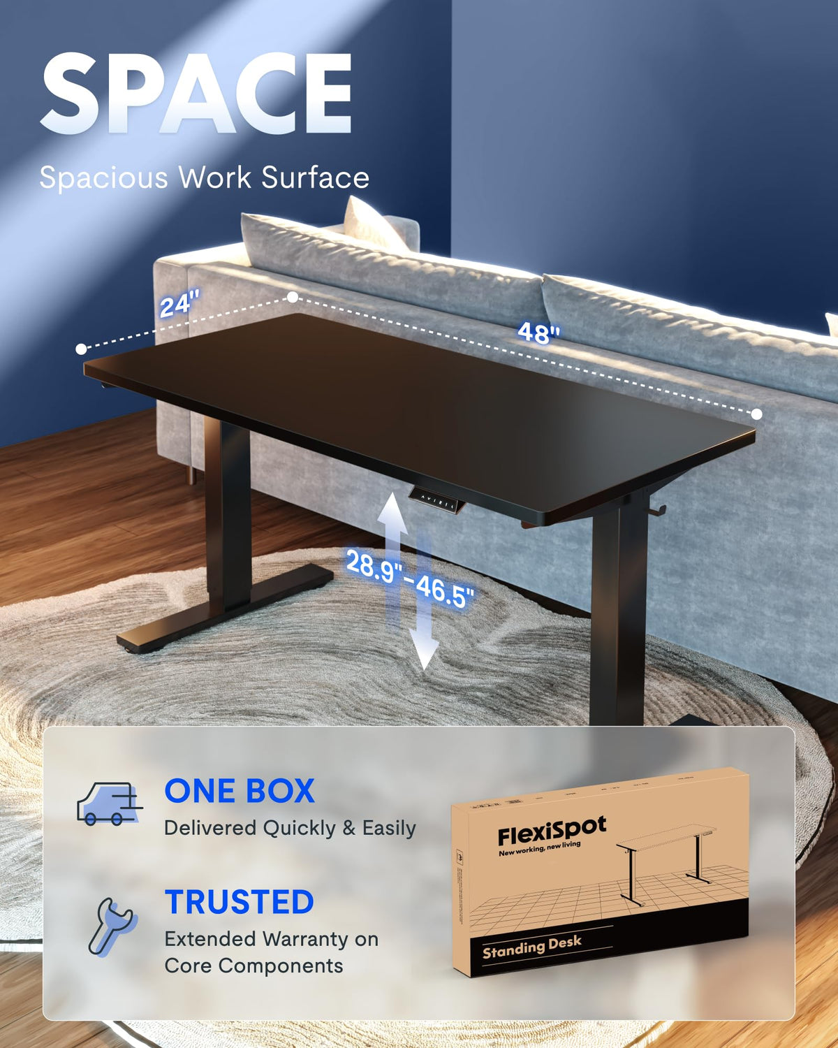 FLEXISPOT Escritorio Eléctrico Ajustable EN1 48"x24" (Black)