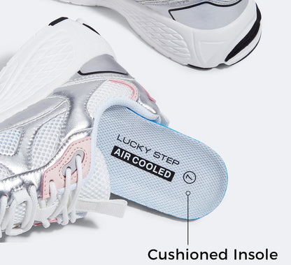 LUCKY STEP Women's Platform Chunky Fashion Sneakers Mesh Casual Running Tennis Workout Sport Work Trendy Athletic Walking Shoes (White/Silver, 8.5 US)