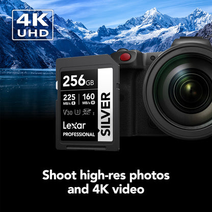 Lexar 256GB Professional Silver SD Card, UHS-I, C10, U3, V30, 4K, Up to 225/160 MB/s SDXC Memory Card, for Photographer, Videographer, Enthusiast (LSDSILV256G-BNNNU)