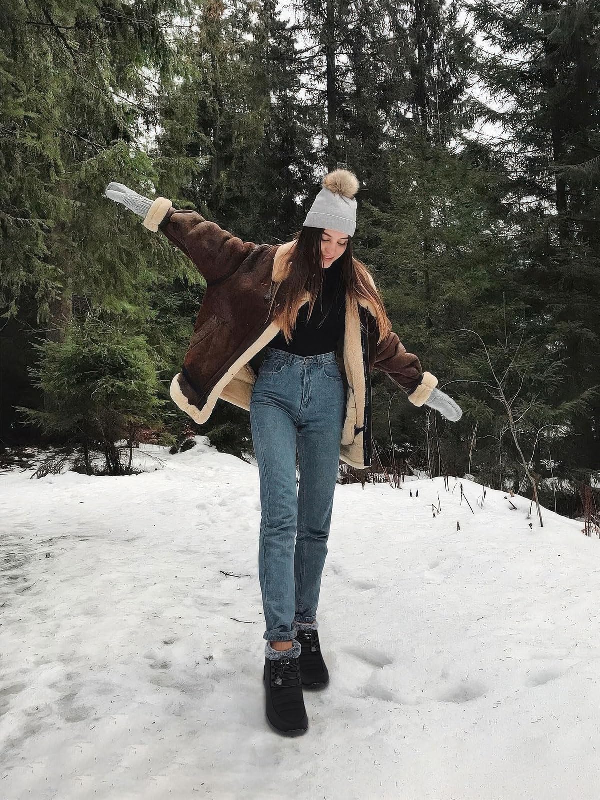 SHIBEVER Winter Boots for Women Snow: Black Fur Lined Warm Ankle Boots - Cold Weather Water Resistant Outdoor Zipper Snow Shoes