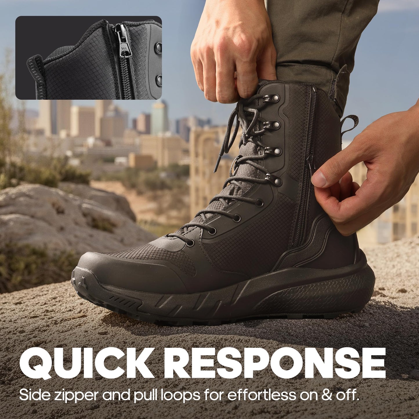 NORTIV 8 Men's Military Tactical Boot Lightweight Comfortable Boots for Work All Day Side Zipper Motorcycle Combat Hiking Boots Metrostrike(8-9 Inches), Black-9 Inches