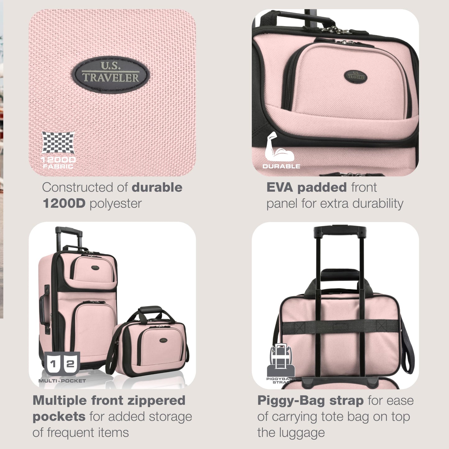 U.S. Traveler Rio Juego de Maletas Ligeras (2 Ruedas / Pink)
