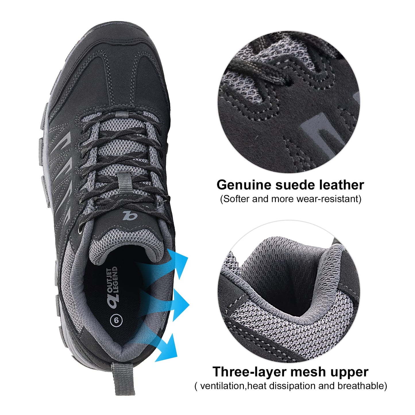 OL OUTJET LEGEND Men's Waterproof Hiking Shoes Leather Comfortable Lightweight Anti Slip Low Tops Outdoor Walking Work Shoes Black