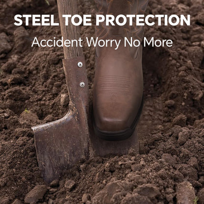 ANGRYRAM Cowboy Work Boots for Men Waterproof Square Toe Leather Western Boots Puncture Resistant Indestructable Steel Toe Safety Boots for Men