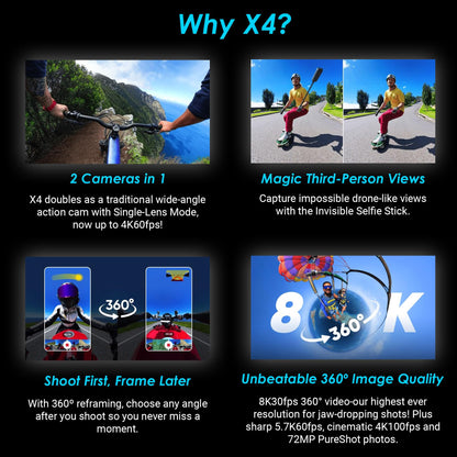 Insta360 X4 - Waterproof 360 8K Action Camera with 48MP Sensors, 5.7K 360 Video, 72MP 360 Photo, AI Editing, for Sports, Travel, Outdoors + 64GB Card + Cleaning Kit