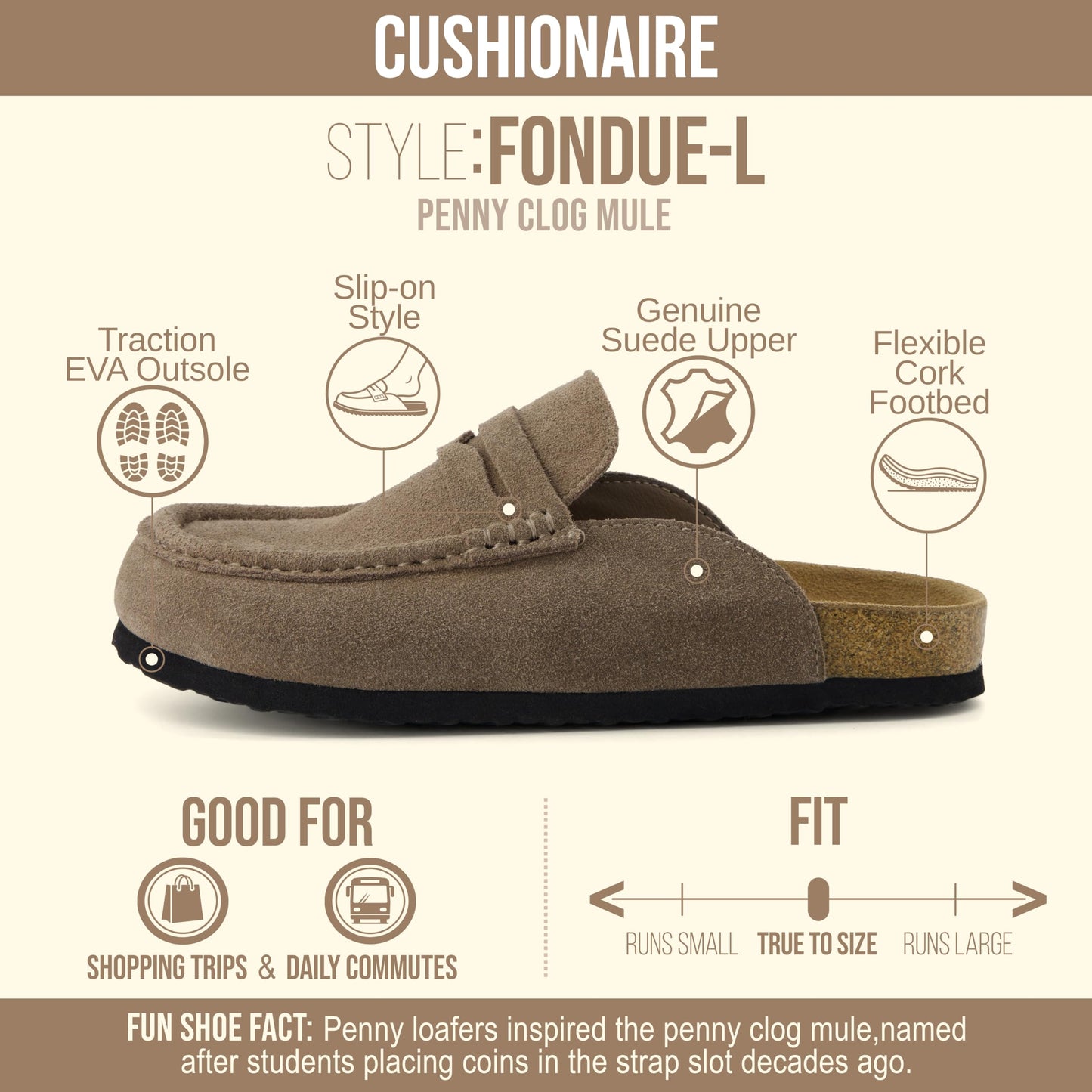 CUSHIONAIRE Fondu Genuine Leather Mule Clogs for Women, Comfortable Slip On Womens Shoes with Penny Strap Accent and Memory Foam Footbed, Taupe