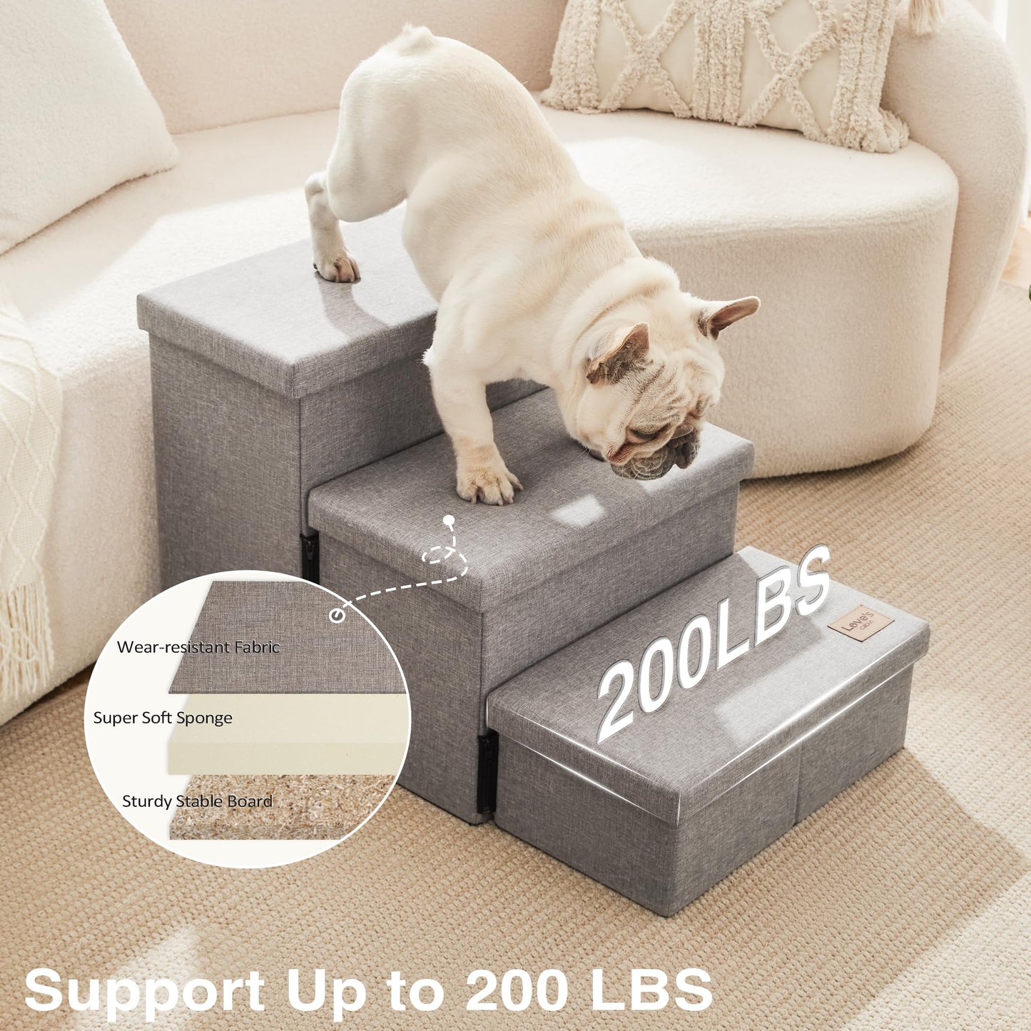 Love's cabin Escaleras para Perros de 3 Escalones (18" / Gris Sólido)