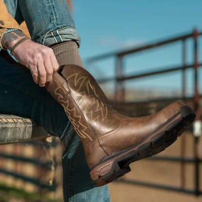 ANGRYRAM Cowboy Work Boots for Men Waterproof Square Toe Leather Western Boots Puncture Resistant Indestructable Steel Toe Safety Boots for Men