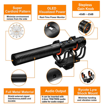 COMICA VM20 Shotgun Microphone, Super-Cardioid Camera Microphone with Rycote Shockmount, Windscreen, Wind Muff, OLED Power Display, Video Mic for Smartphones, DSLR Cameras, Camcorders, Laptops