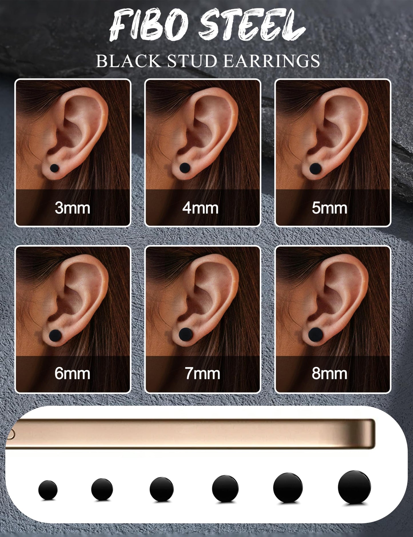 FIBO STEEL Pendientes de Acero Inoxidable (Negro / 6 Pares / 3-8mm)