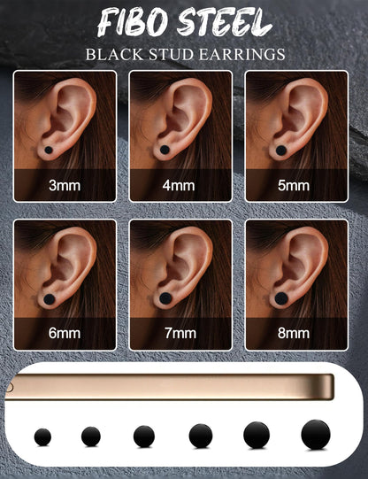FIBO STEEL Pendientes de Acero Inoxidable (Negro / 6 Pares / 3-8mm)