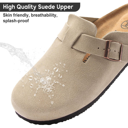 Brelzo Calvior Women's Suede Clogs Men's Slip-On Mules Non-Slip Potato Shoes Arch Support Sandals with Adjustable Buckle for Indoor & Outdoor Use Tan